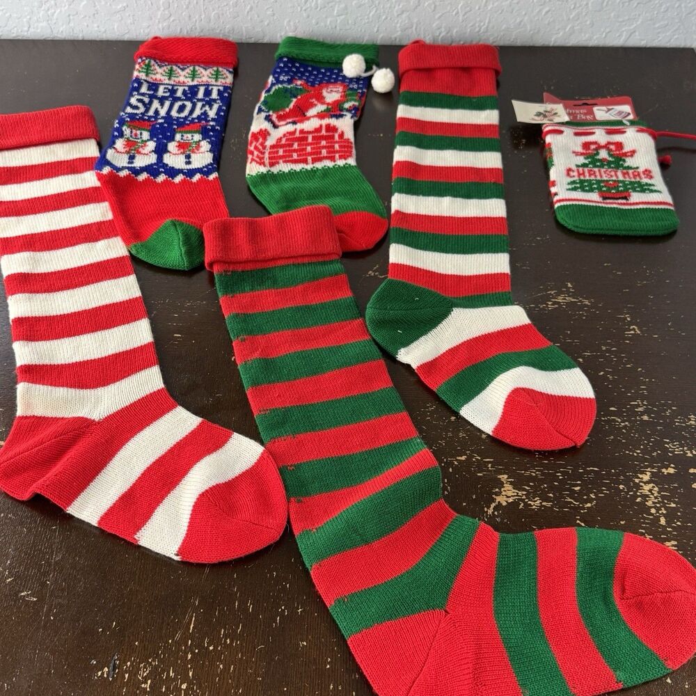 Christmas Stocking Collection Striped & Decoration + 1 Bag Santa Claus Tree Snow